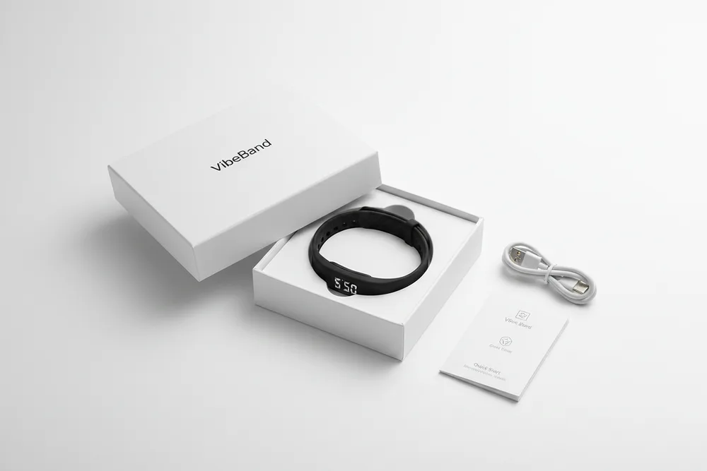 Contenido de la caja VibeBand: pulsera, cable USB y guía rápida